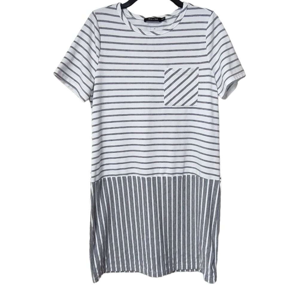 Doe & Rae Womens White Striped Short Sleeve Shirt Dress Round Neck Size Small